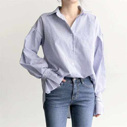 여성 스트라이프 셔링 소매 카라 셔츠 블라우스 롱 퍼프 루즈핏 오버핏 브라우스