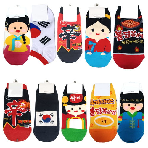 국내생산 여성용 주니어용 한국 전통 케릭터 덧신 양말 조선시대 태극기 불닭복음면 외국인 선물