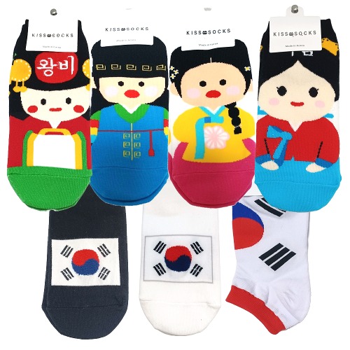 국내생산 여성용 주니어용 한국 전통 캐릭터 덧신 양말 조선시대 태극기 외국인 선물