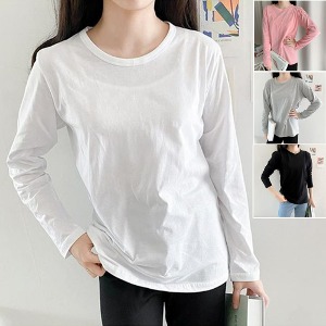국내생산 여성 100% 순면 가을 간절기 얇은 기본 무지 얇은 긴팔 라운드 티셔츠 흰색 겸정 회색 핑크